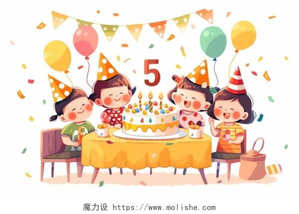 孩子在餐桌上庆祝生日卡通AI插画过生日蛋糕吹蜡烛生日聚会